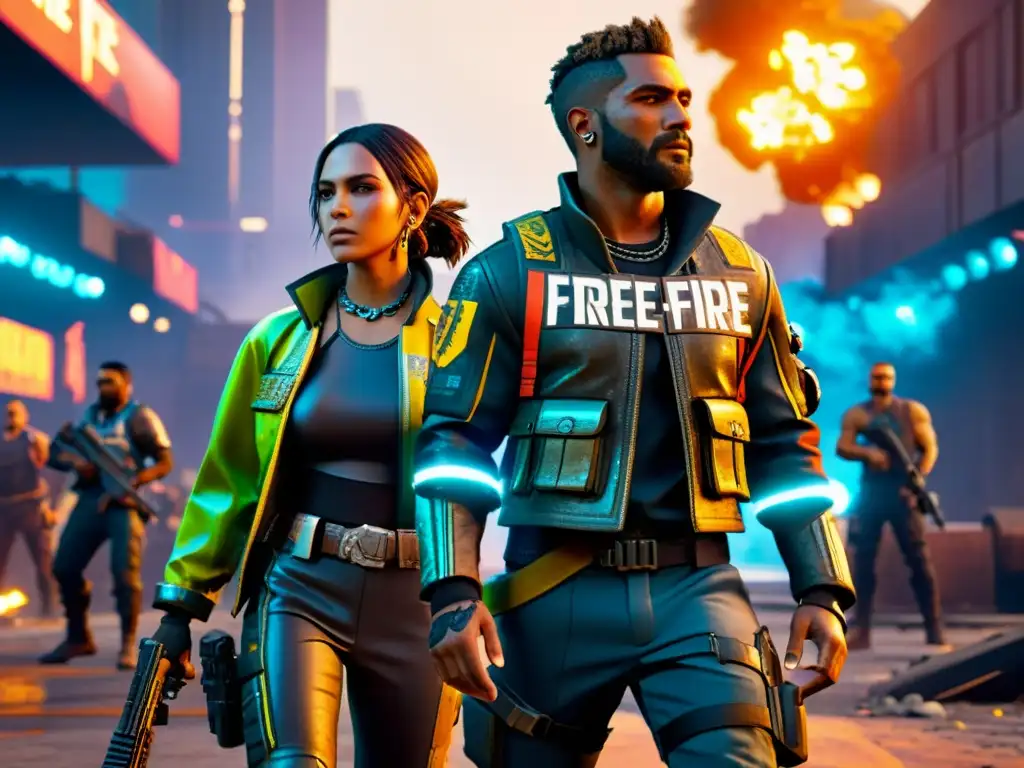 Una impactante comparativa de skins Free Fire en un escenario postapocalíptico, con intensa confrontación entre armaduras futuristas y gear tribal