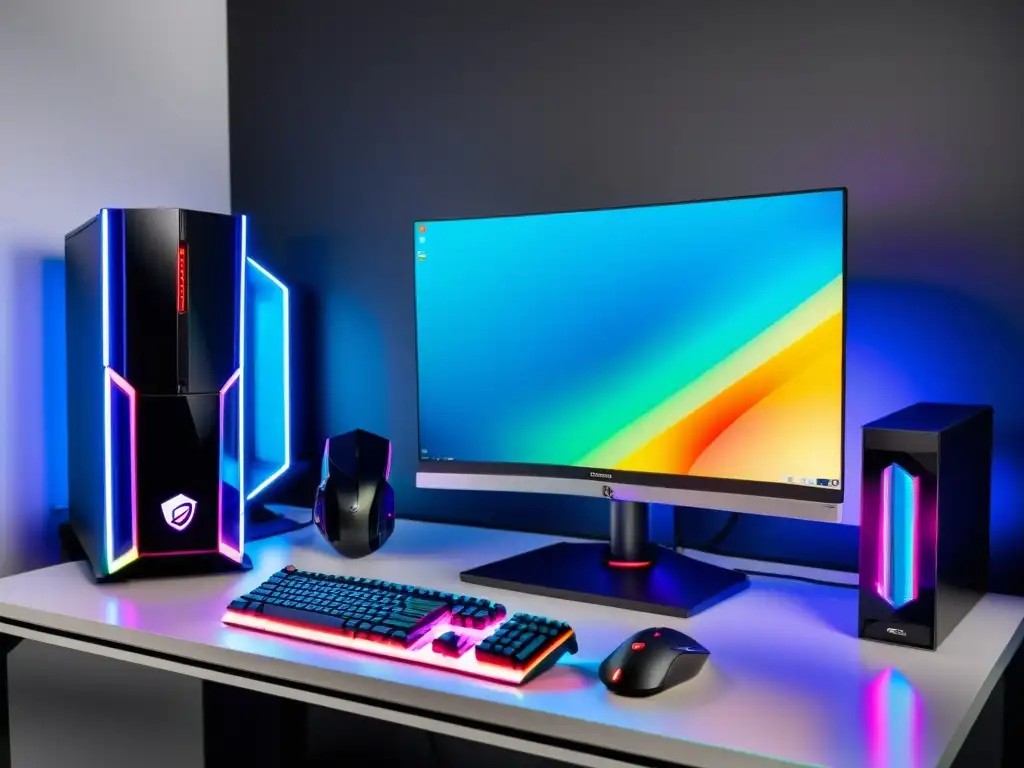 Una impactante configuración de PC gaming con iluminación RGB vibrante, tarjeta gráfica potente y accesorios futuristas