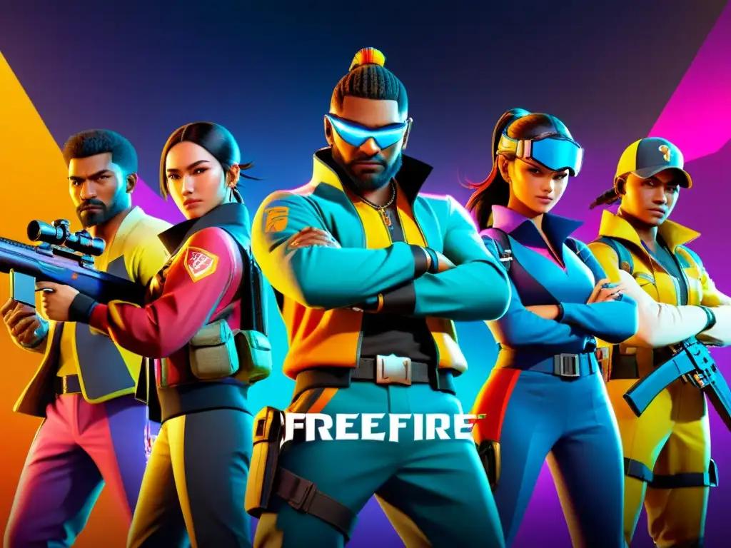 Una impactante imagen en 8k de FreeFire, con personajes en skins vibrantes, listos para la batalla