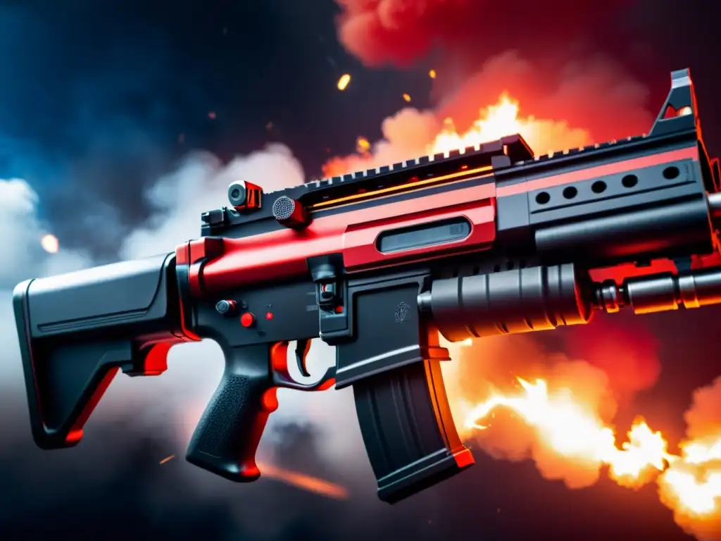 Una impactante imagen de las mejores armas Free Fire estilo, un rifle de asalto negro y rojo destacado por la iluminación dramática, en un escenario futurista con chispas volando y humo, transmitiendo una atmósfera de acción intensa y adrenalina