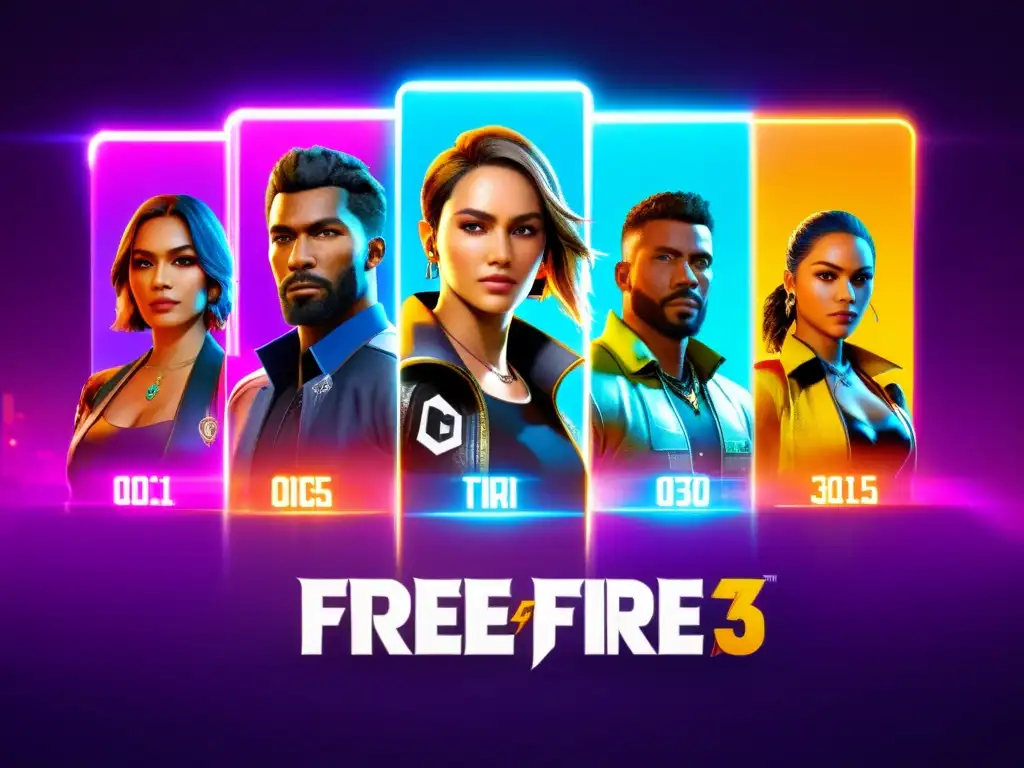 Una impactante imagen de la pantalla de selección de personajes en Free Fire, con una variedad de personajes dinámicos y diversos