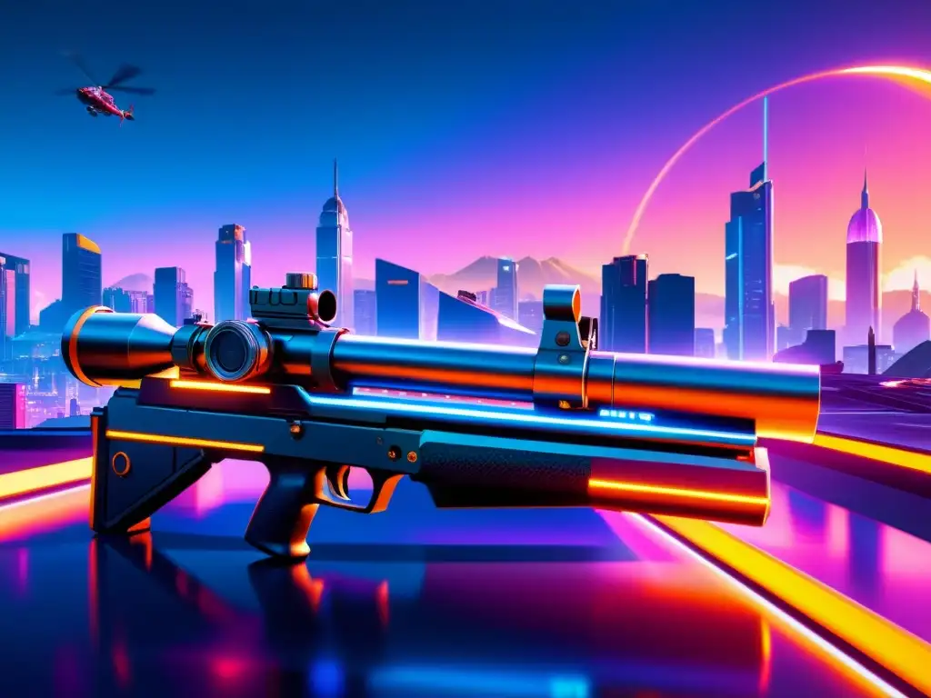 Una impresionante composición de armas de Free Fire en un futurista paisaje urbano neón, destacando la alta calidad y tecnología del juego