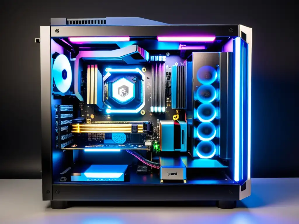 Una impresionante configuración de PC gaming de alta gama con iluminación RGB, destacando la placa base, módulos de RAM y tarjeta gráfica en detalle