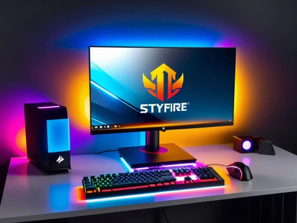 Una impresionante configuración de PC gaming con las mejores tarjetas gráficas para jugar FreeFire, en una habitación moderna y bien iluminada