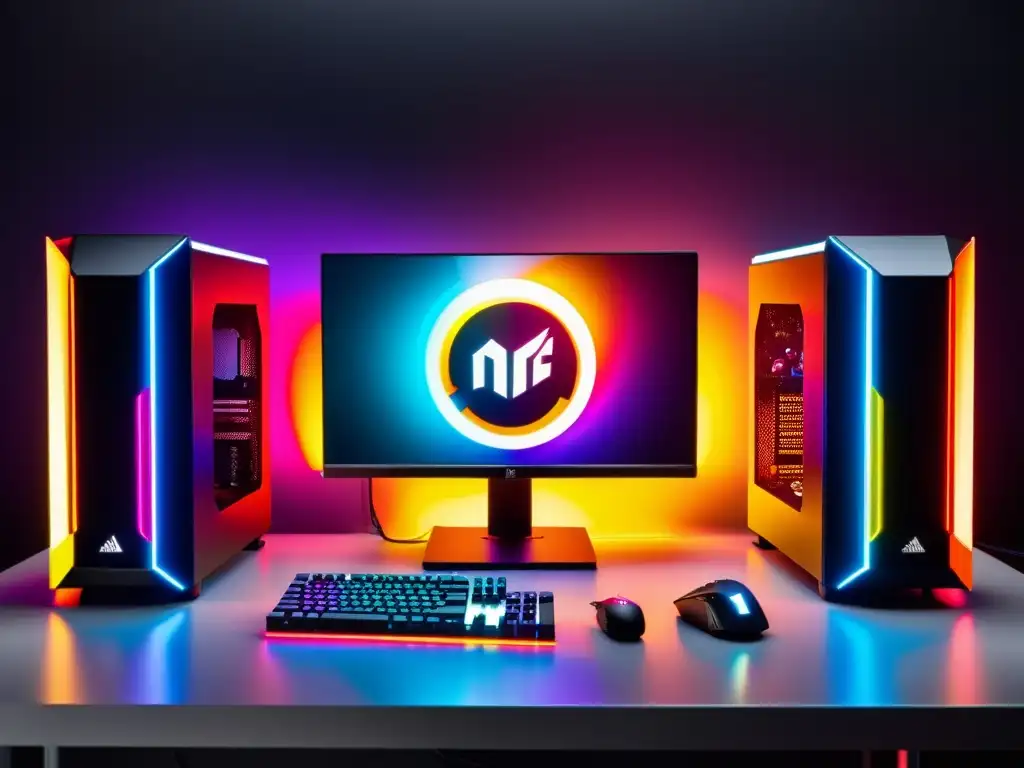 Una impresionante configuración de PC gaming con las mejores tarjetas gráficas para jugar FreeFire, iluminadas con RGB y un fondo de juego realista