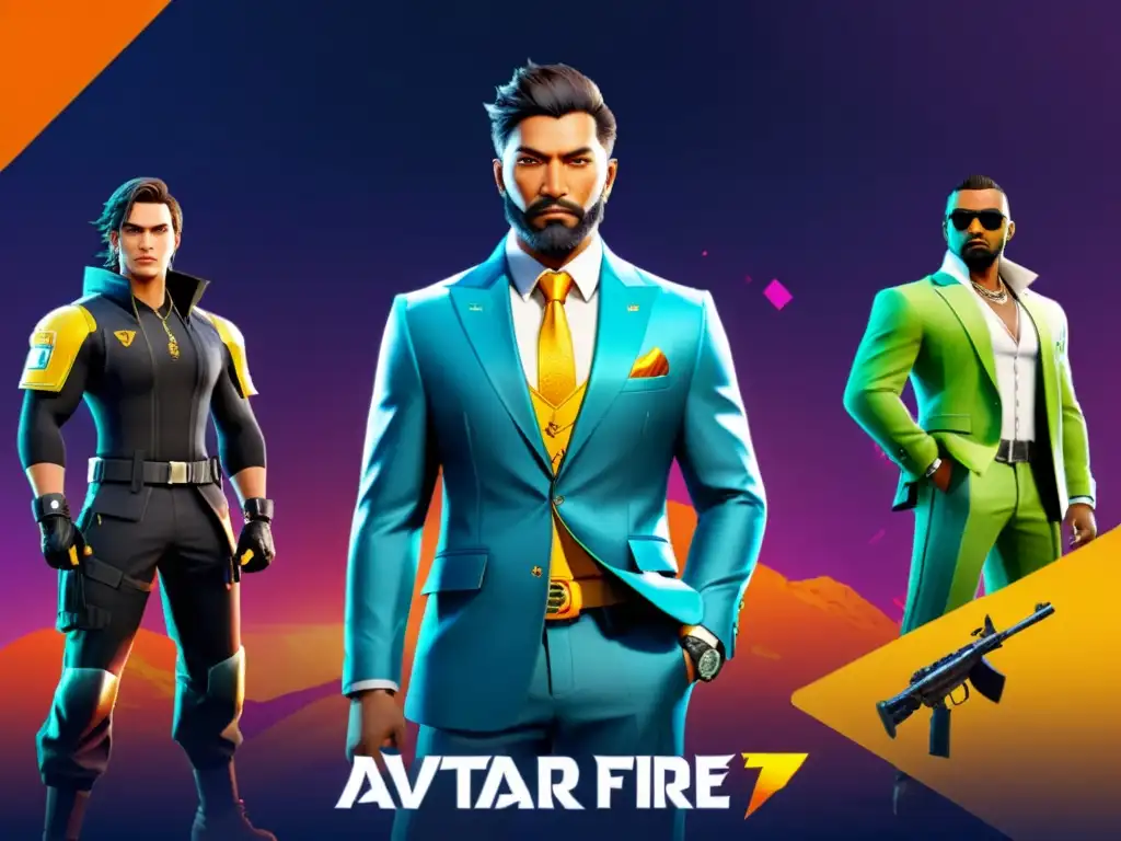 Una impresionante imagen ultrarresolución de atuendos de avatar en Free Fire, con diversidad de estilos y colores vibrantes