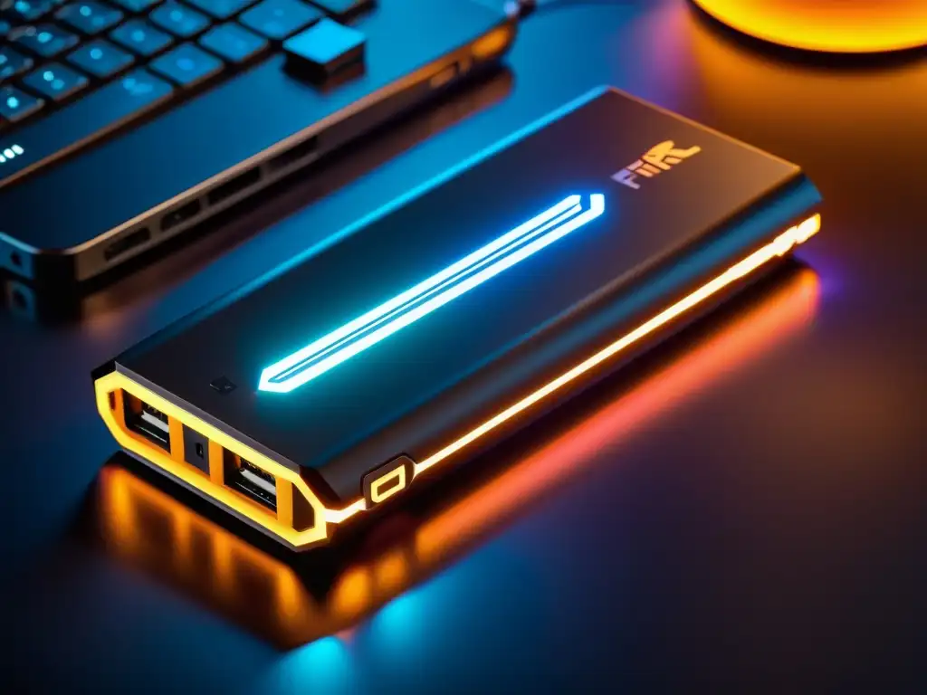 Un impresionante power bank para gaming con el logo de FreeFire, conectado a un smartphone en un setup de gaming de alta tecnología