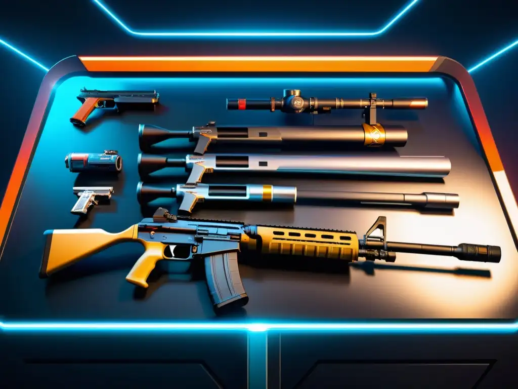 Una impresionante selección de armas en una mesa futurista, resaltando el arsenal inicial de Free Fire con detalles y estilo