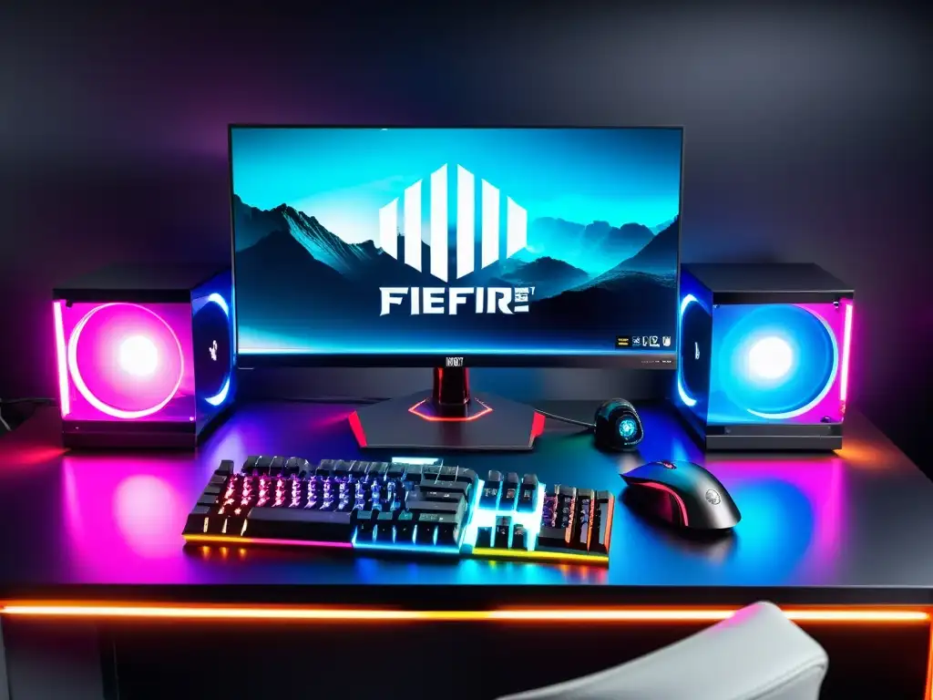 Un impresionante setup de PC gaming de alta gama con el mejor procesador para FreeFire, iluminación RGB y componentes futuristas