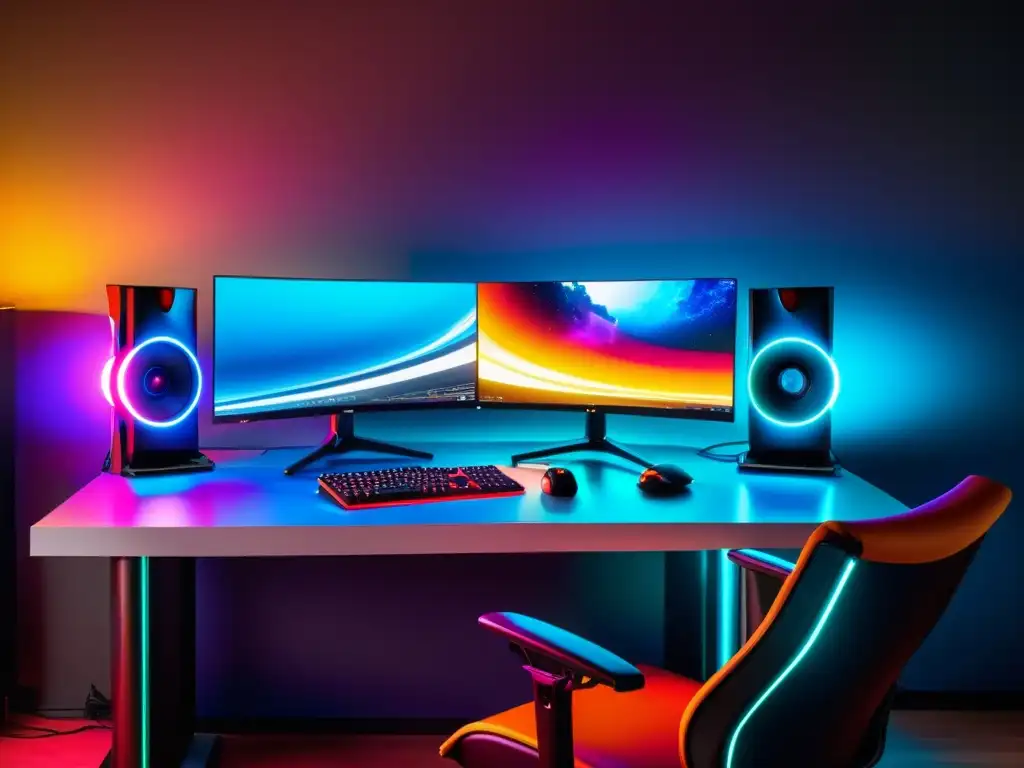 Un impresionante setup gaming con consola, monitor curvo ultrapanorámico, silla ergonómica y accesorios LED