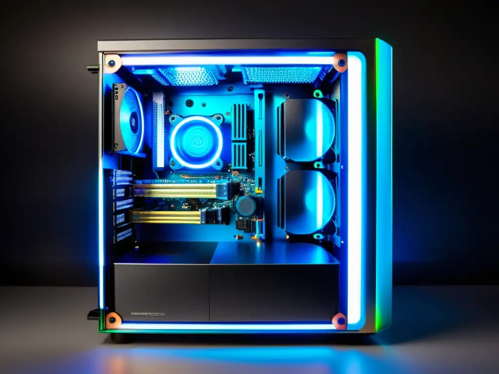 Una impresionante torre de PC para juegos con configuraciones ideales PC FreeFire, iluminada por vibrantes luces RGB y un diseño futurista y limpio