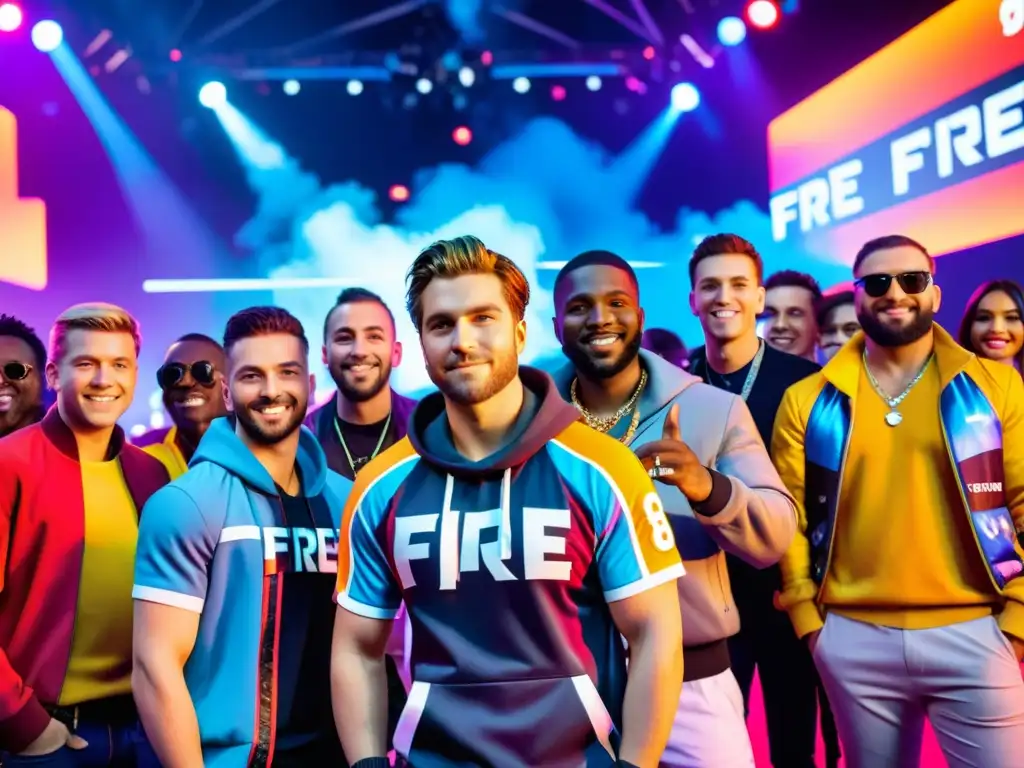 Influencers de Free Fire posan rodeados de fans en evento de gaming, con energía vibrante y colores llamativos