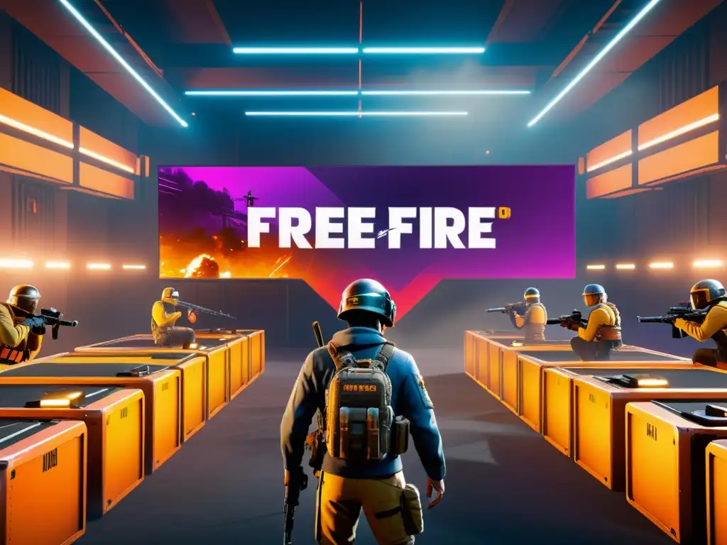 Intensa batalla en Free Fire con entrenadores personales de estrategias, jugadores en acción estratégica y elementos futuristas en alta definición