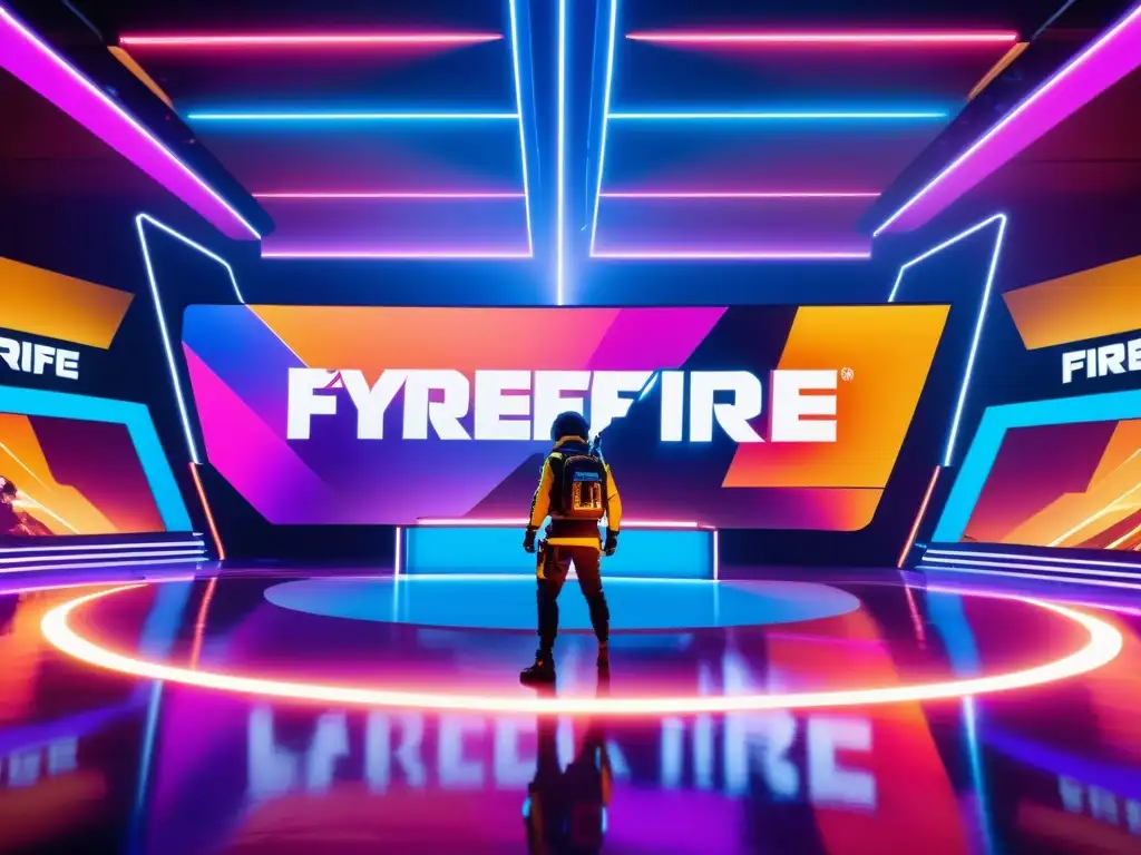 Intensa batalla de esports en un escenario futurista de Free Fire, con jugadores enfocados y vibrantes luces de neón, reflejando las tendencias de marketing en la escena competitiva de Free Fire