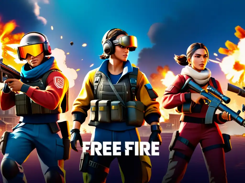 Intensa batalla en Free Fire con las mejores estrategias de uso de granadas, personajes en acción y ambiente urbano vibrante