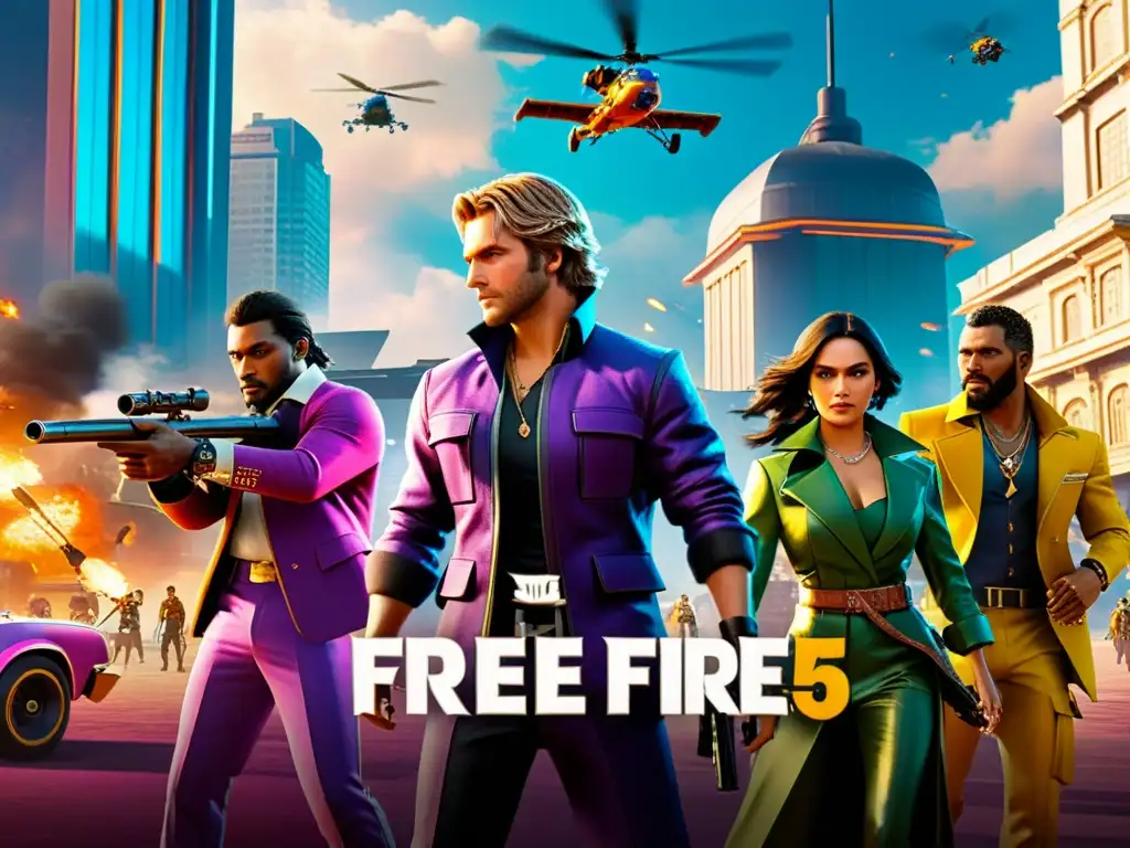 Intensa batalla en Free Fire con Mejores ofertas diamantes Free Fire en futurista escenario urbano