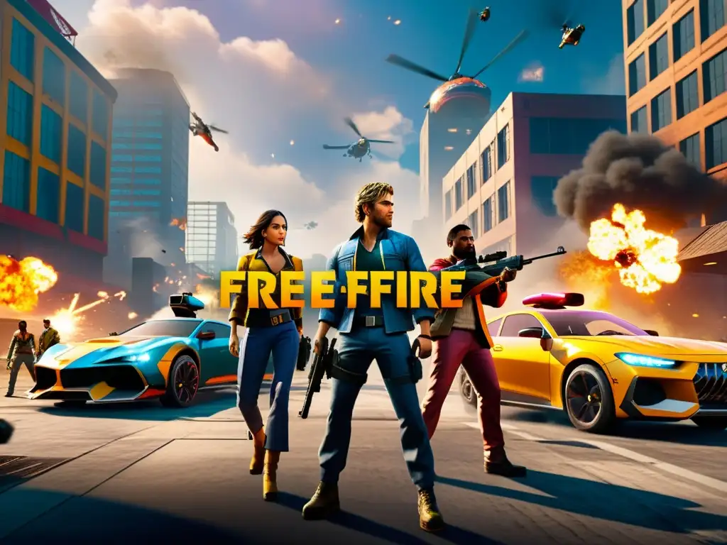 Intensa batalla en paisaje urbano futurista de Free Fire con explosiones y disparos