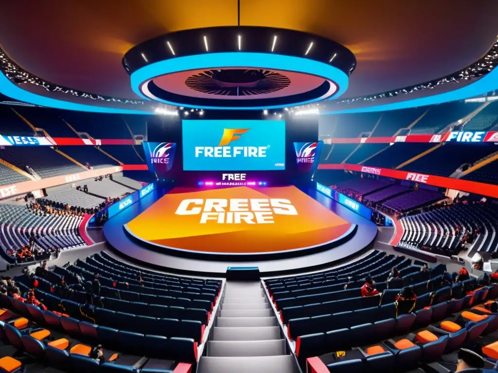 Intensa competencia de esports de Free Fire con patrocinios que transforman, en un estadio moderno y futurista lleno de fans entusiastas