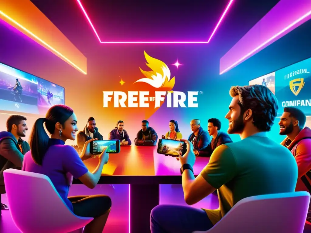 Intensa comunidad de jugadores de Free Fire inmersos en el juego, rodeados de luces LED coloridas y decoración futurista