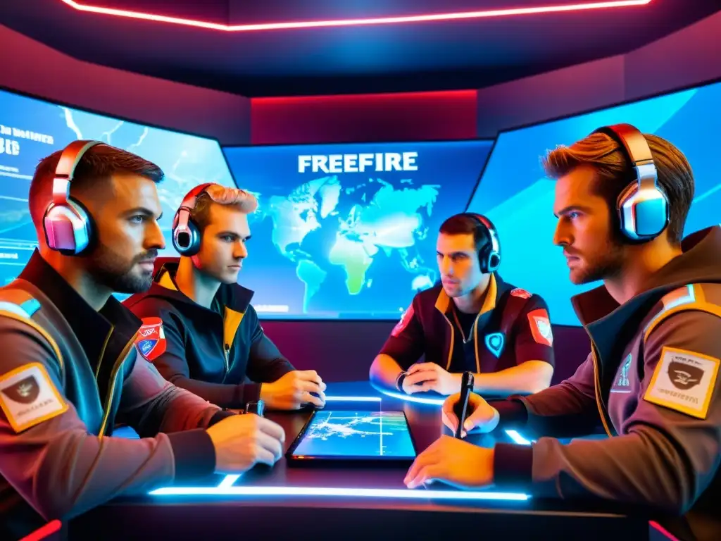 Intensa estrategia de jugadores profesionales de FreeFire rodeados de hologramas y mapas