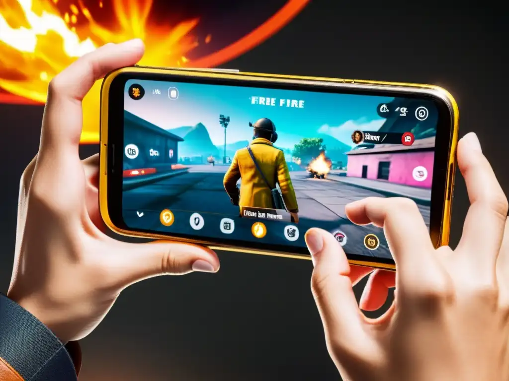 Intensa experiencia de juego de Free Fire en smartphone, manos agarre firme - comparativa experiencia juego Free Fire