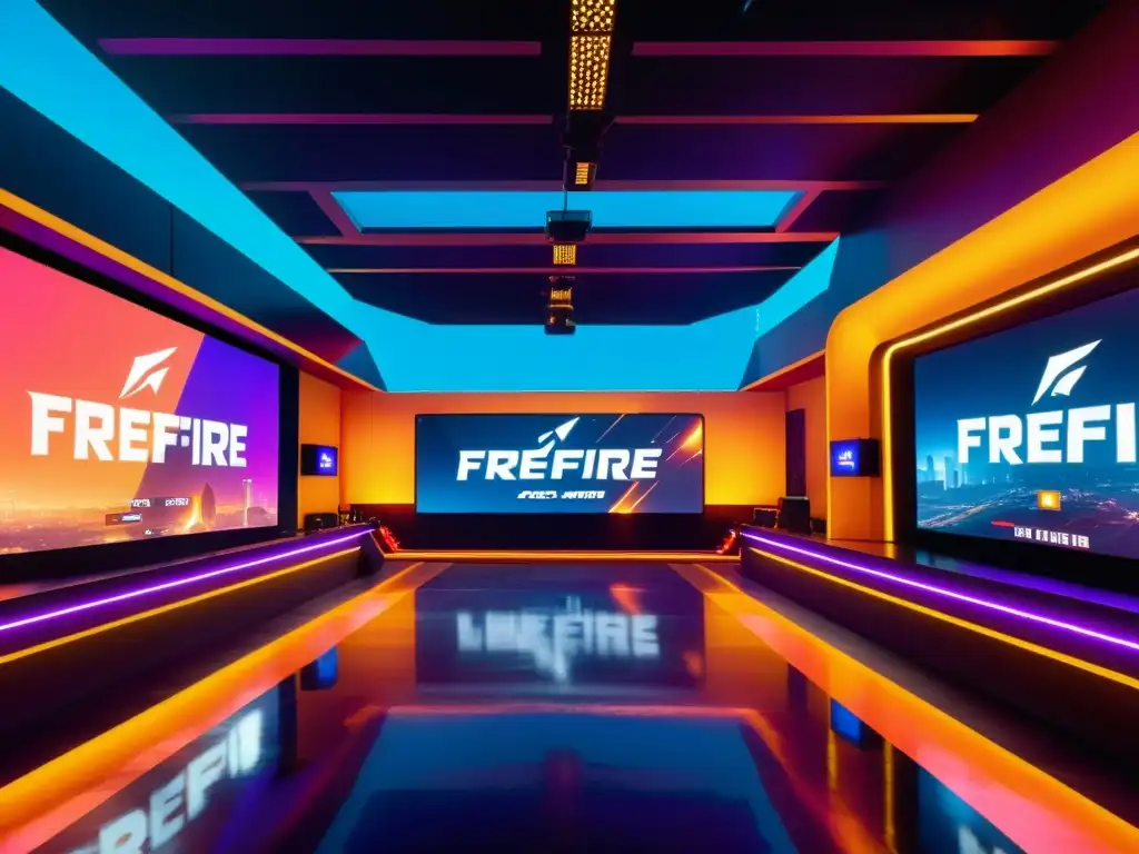 Intensa partida final del FreeFire India: jugadores estratégicos compiten en futurista arena, iluminada con neón