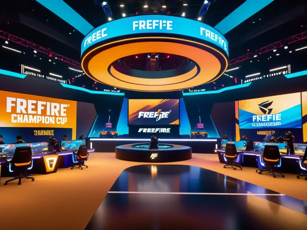 Intensa gestión de recursos en la arena del torneo de FreeFire Champions Cup, con equipos estrategizando en un ambiente futurista de alta tecnología