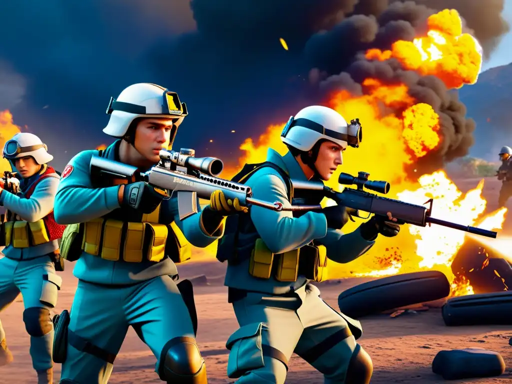 Un intenso combate en equipo en Free Fire, destacando la estrategias colaborativas y la urgencia de la batalla