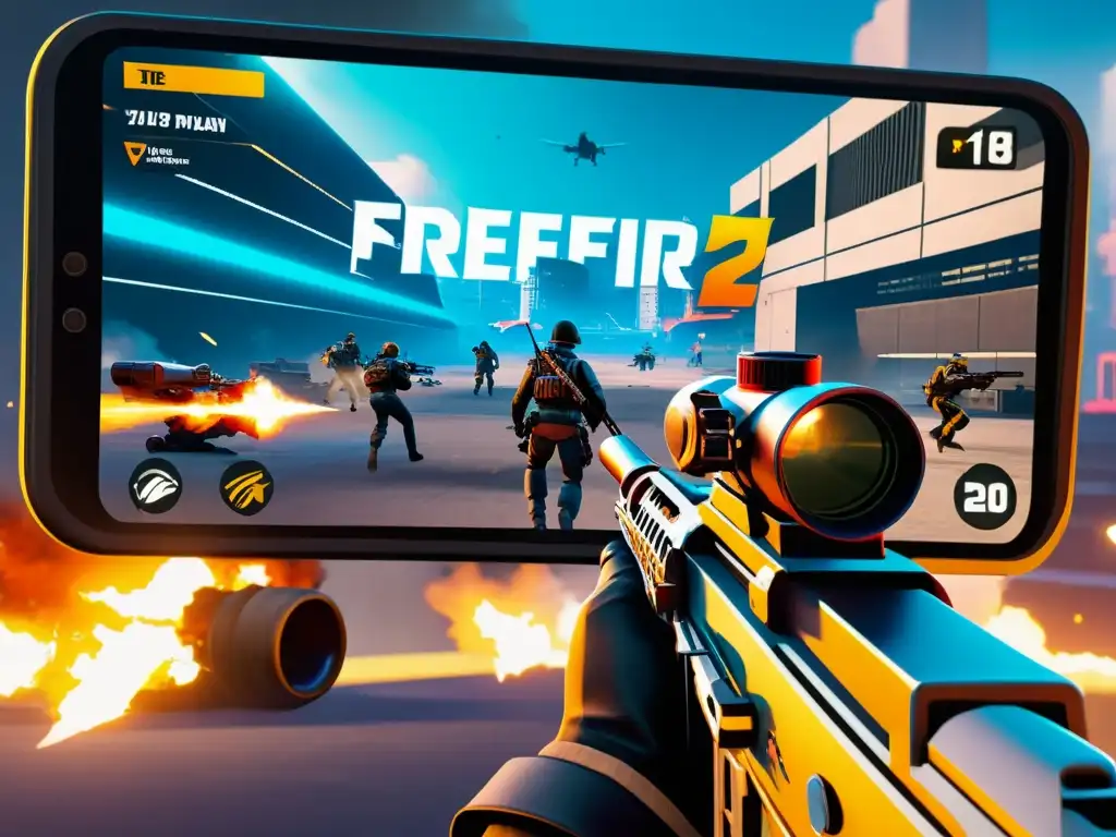 Intenso combate en FreeFire, reflejando la psicología del combate en un escenario urbano futurista