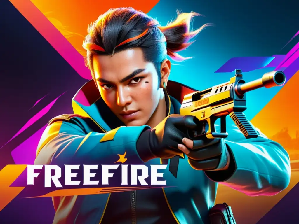 Un intenso combate con publicidad interactiva para gamers FreeFire, mostrando elementos vibrantes y dinámicos en el juego