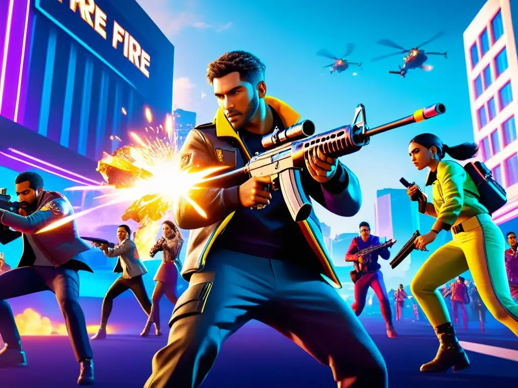 Intenso combate en la vibrante ciudad futurista de Free Fire, con movimientos dinámicos y efectos visuales poderosos