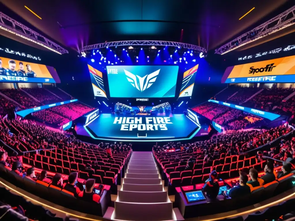 Intenso enfrentamiento de equipos en el escenario, con tecnología futurista y vibrantes colores, capturando la emoción del eSports de FreeFire