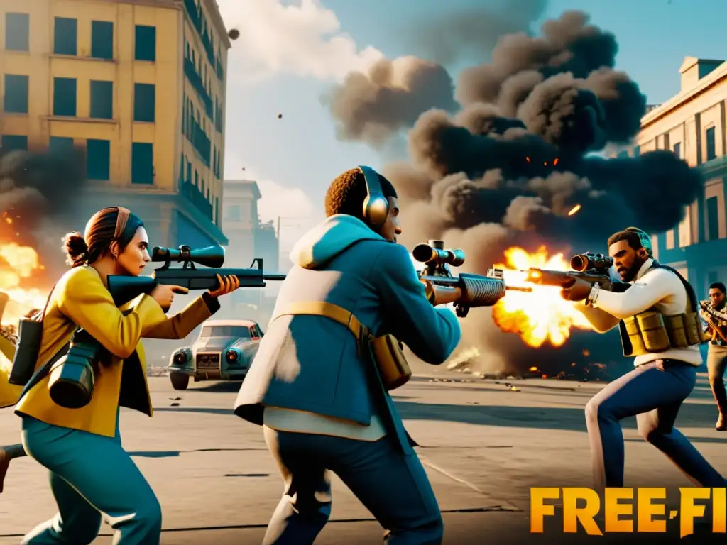 Intenso enfrentamiento en Free Fire, jugadores listos para atacar en el mejor momento, en medio de un entorno urbano devastado