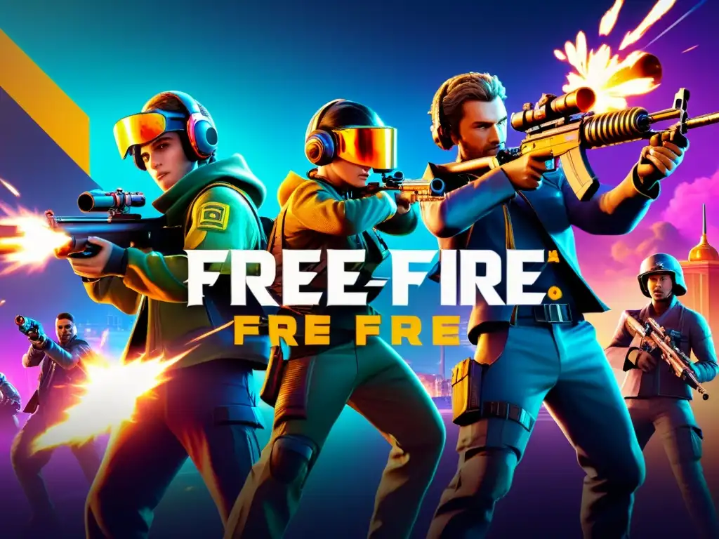 Un intenso enfrentamiento de jugadores de Free Fire en un vibrante mapa urbano futurista