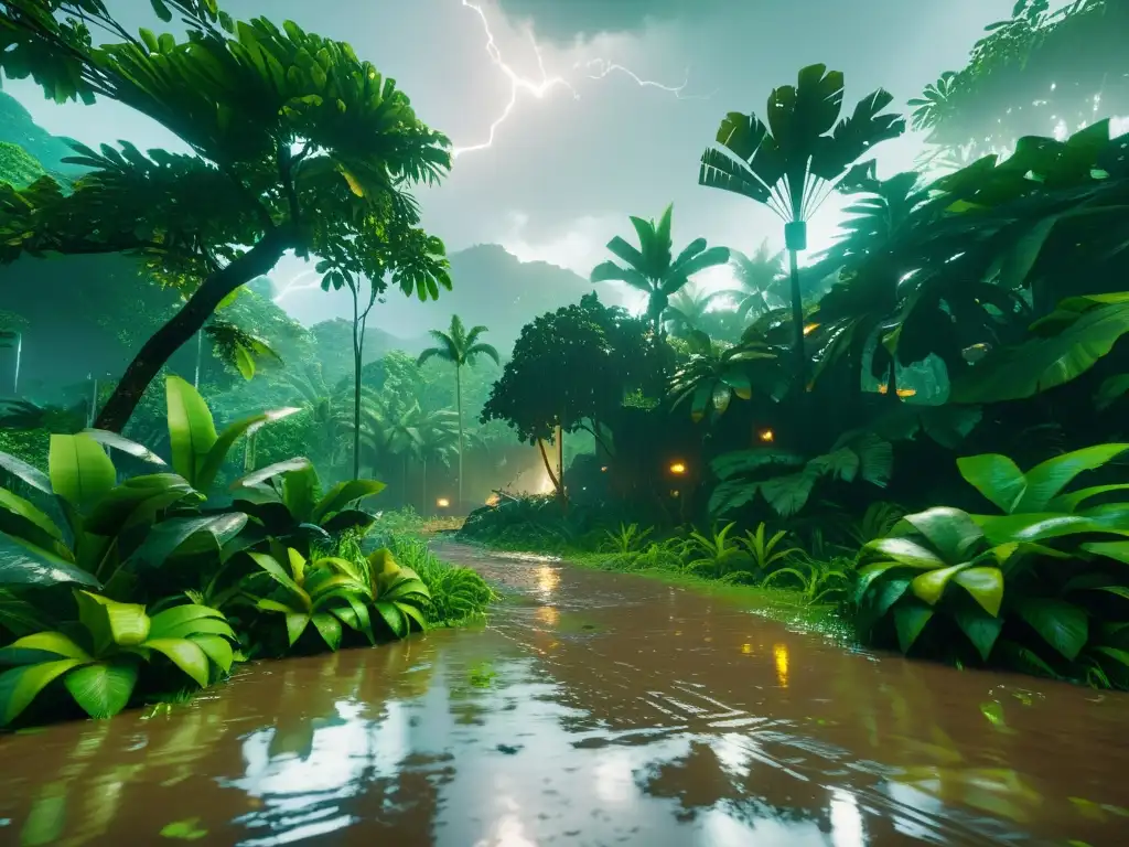 Intenso escenario de FreeFire en la selva tropical bajo impacto del clima, estrategia en lluvia y relámpagos