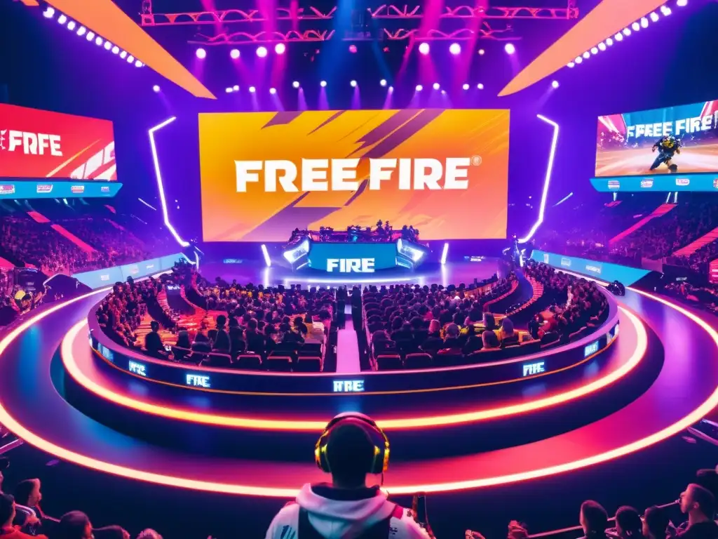 Intenso evento de esports de Free Fire en una arena futurista y neón, con jugadores en acción y patrocinios en Free Fire