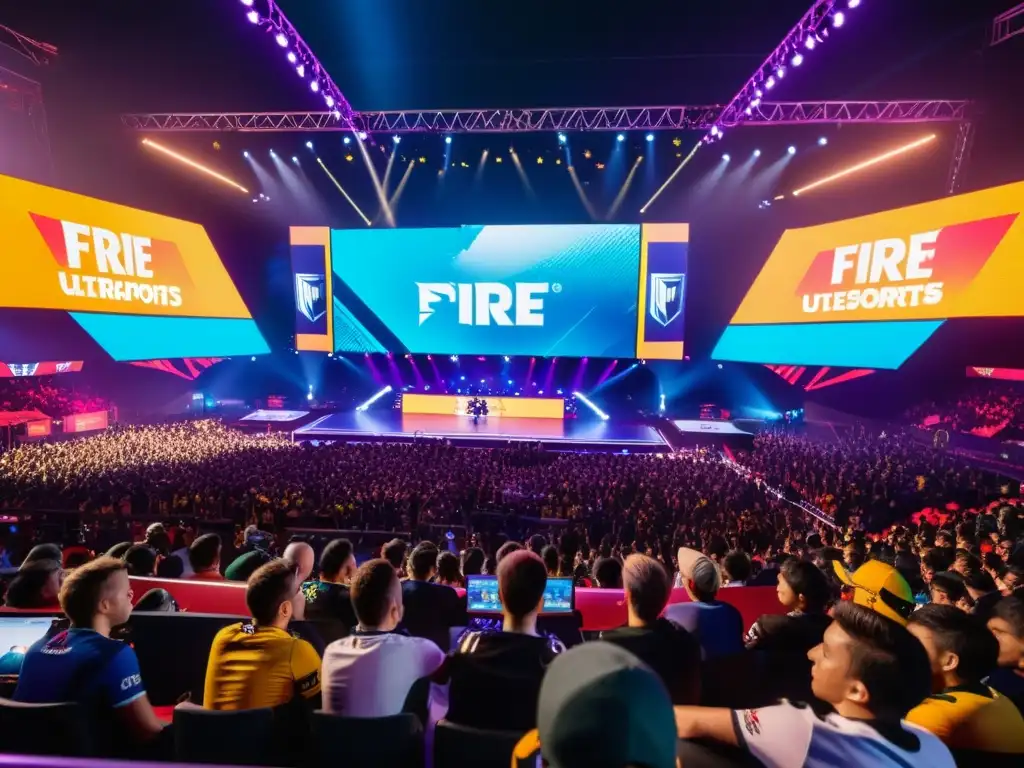 Intenso evento de esports de Free Fire con marketing de influencia en un escenario futurista de alta tecnología y jugadores concentrados en el juego