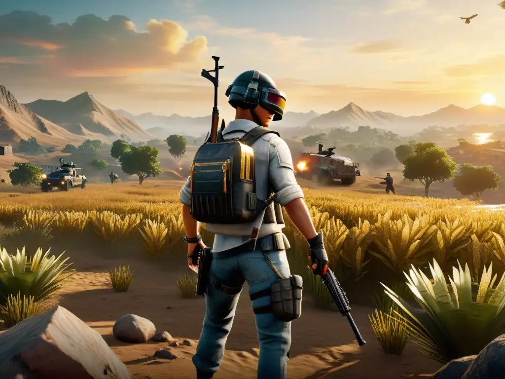 Intenso juego de PUBG Mobile al atardecer, destacando sus gráficos y estrategia