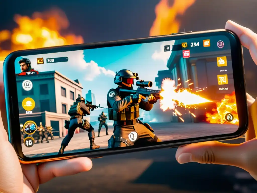 Intenso juego FreeFire en pantalla de smartphone, reflejos brillantes, detalles vívidos y impacto de la RAM en la calidad visual del juego