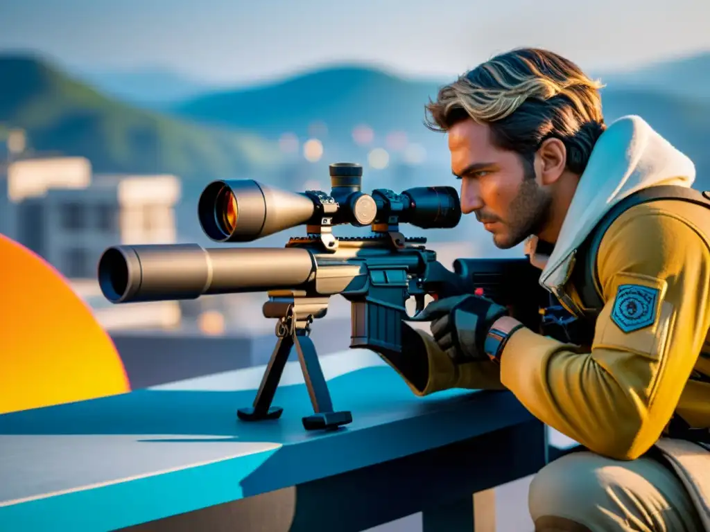 Un intenso personaje de Free Fire con la mejor mira telescópica, caza desde un tejado en un vibrante escenario del juego