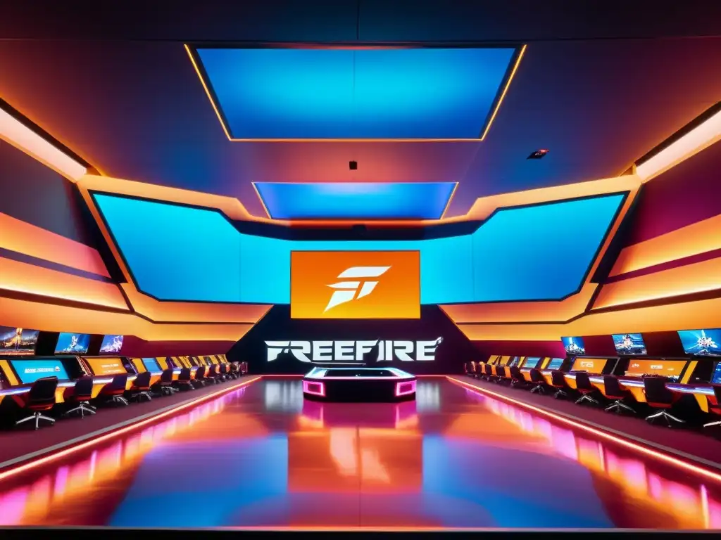 Intenso torneo de FreeFire en arena futurista con luces neón