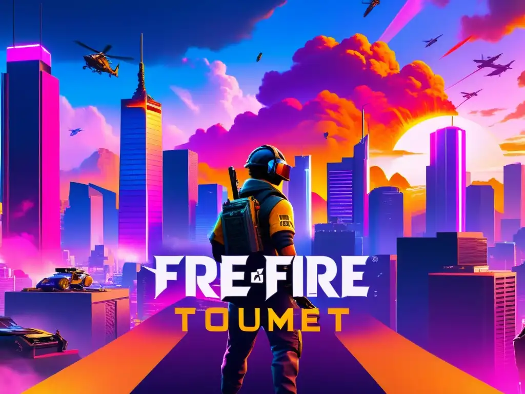 Intenso torneo de Free Fire en una ciudad futurista con jugadores estratégicos y vibrante acción para mejorar juego eventos Free Fire