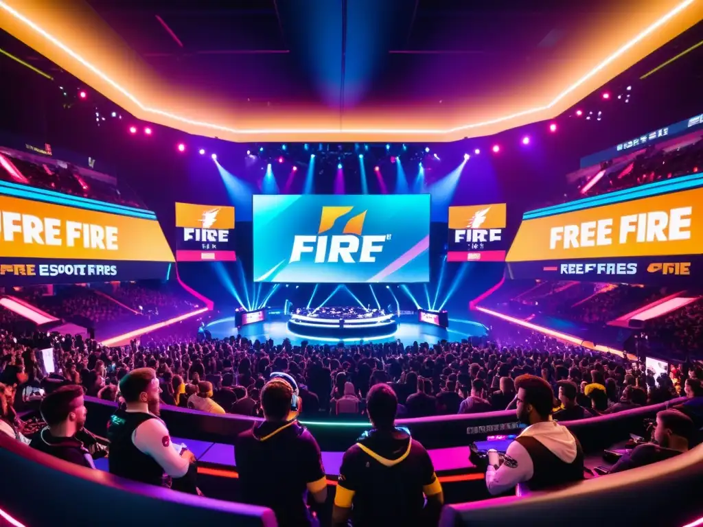 Intenso torneo de esports de Free Fire, con jugadores profesionales compitiendo en una arena futurista de alta tecnología