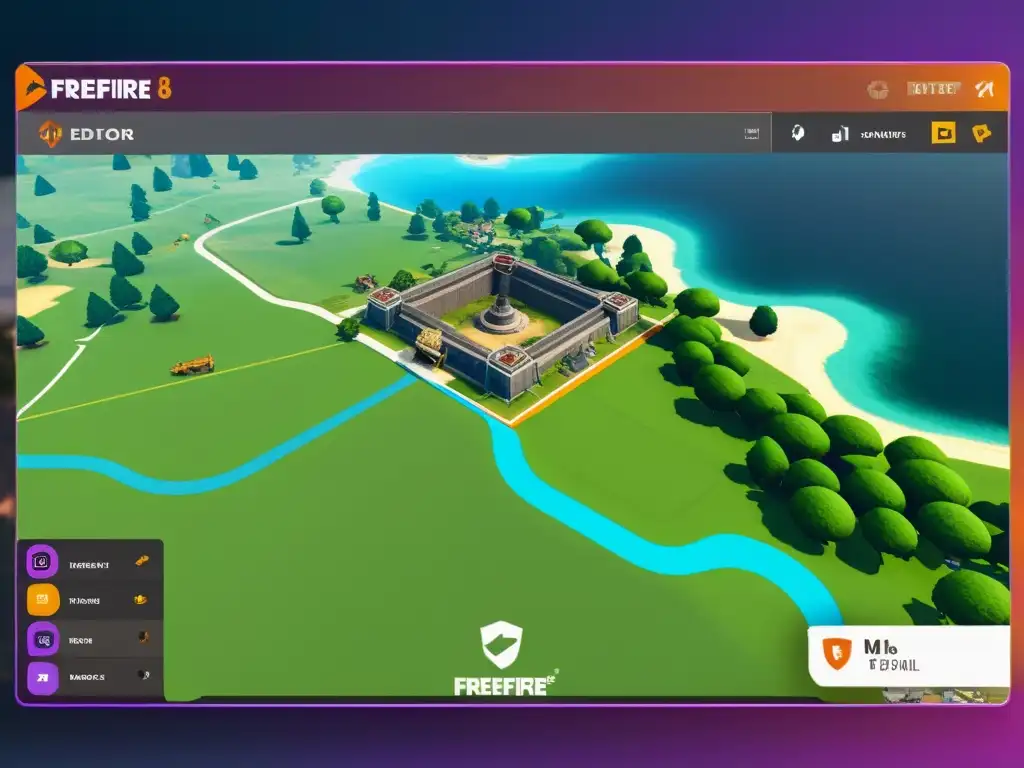 Interfaz detallada de creación de mapas personalizados FreeFire en 8k, resaltando la creatividad y atención al detalle en el desarrollo de mapas