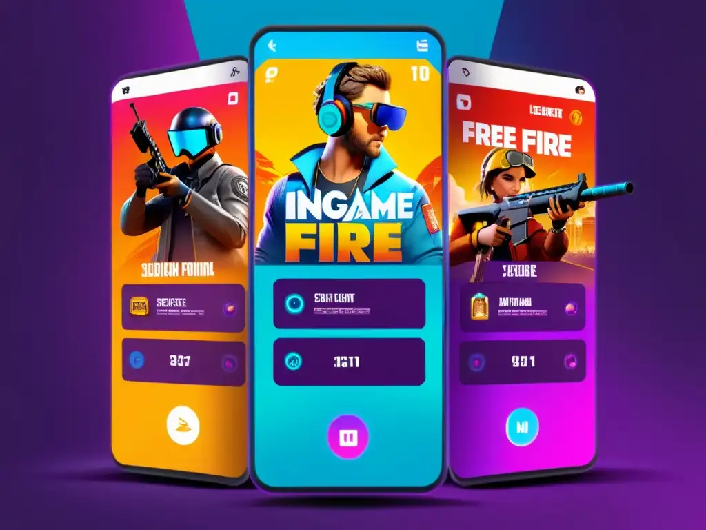 Interfaz de evento de descuento Free Fire, moderna y vibrante, con promociones llamativas y jugadores en acción