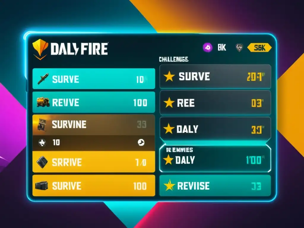 Una interfaz futurista muestra desafíos diarios y vibrantes tareas en FreeFire