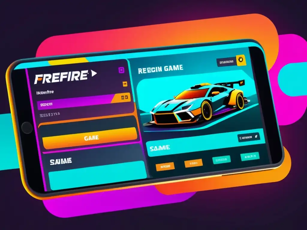 Interfaz futurista de FreeFire con codificación detallada y estrategias de monetización integradas