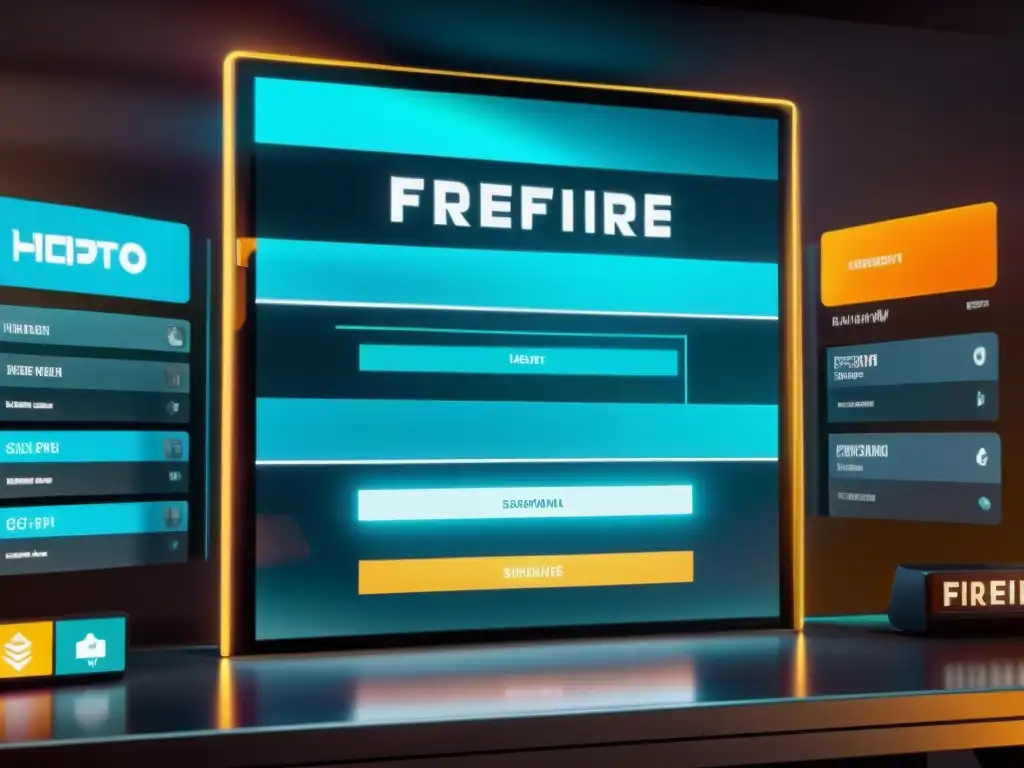 Interfaz futurista de gestión de inventario en holograma para FreeFire, con estadísticas detalladas y organización profesional