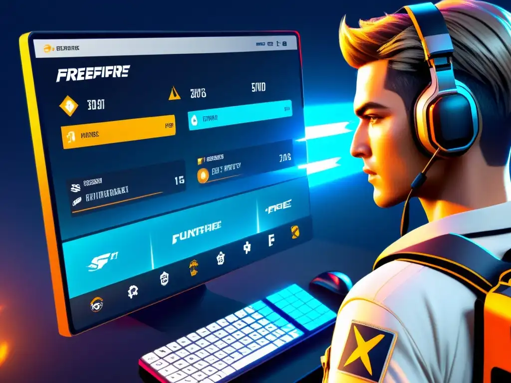 Interfaz futurista de juego de FreeFire con elementos de Inteligencia Artificial en estrategia, mostrando decisiones tácticas y planificación avanzada