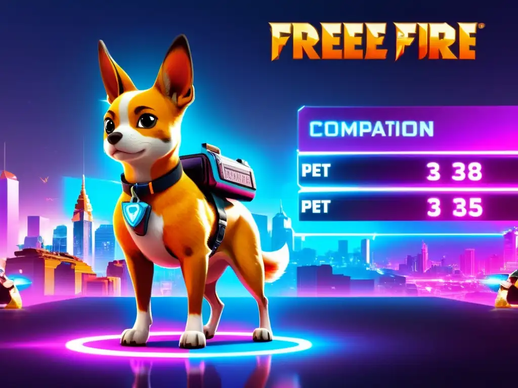 En la interfaz futurista de Free Fire, un jugador compara mascotas con detalladas estadísticas en una ciudad neón